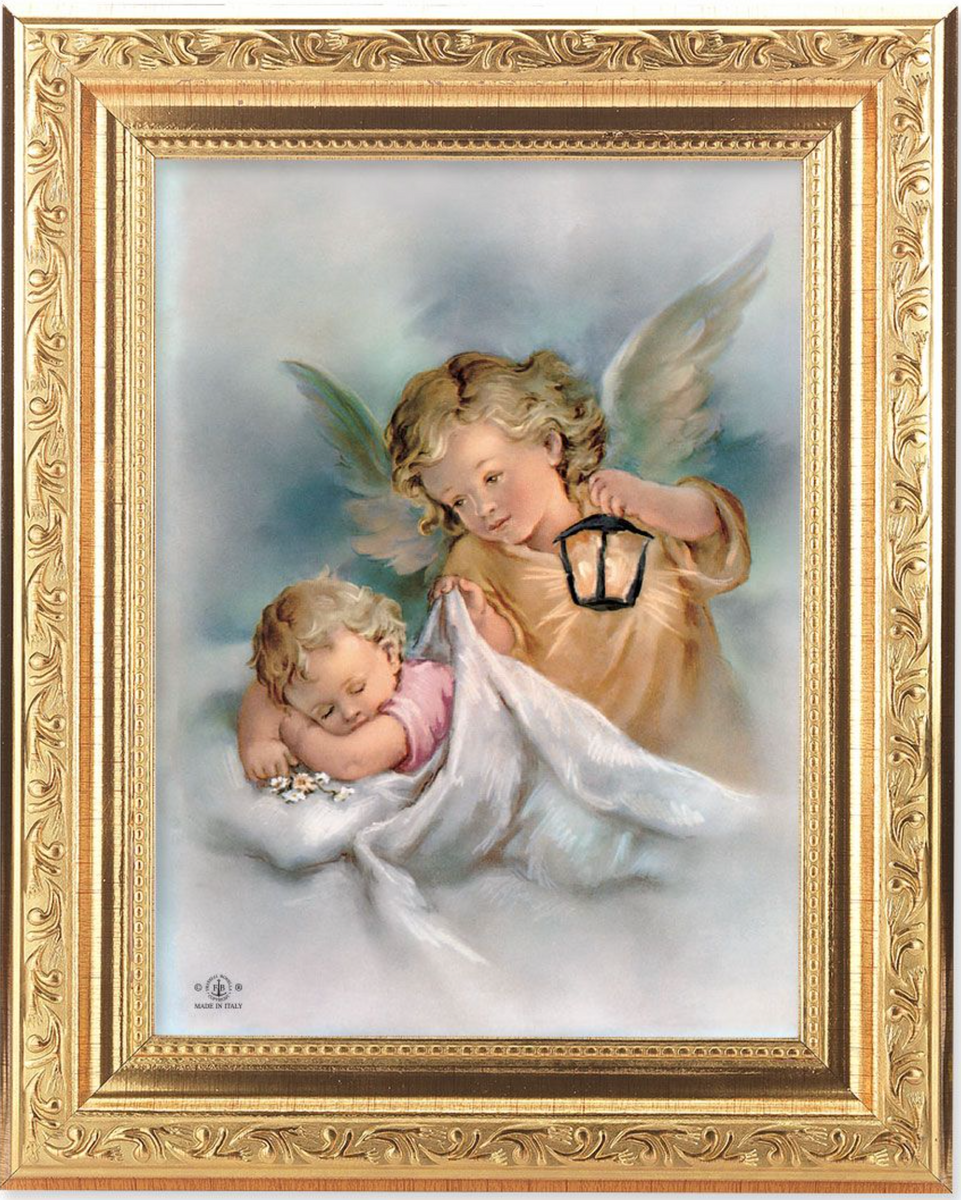 8 1/4 x 10 1/4 Gold Ornate Frame with a 6 x 8 Guardian Angels with –  Celtic Cove Catholic Bookstore