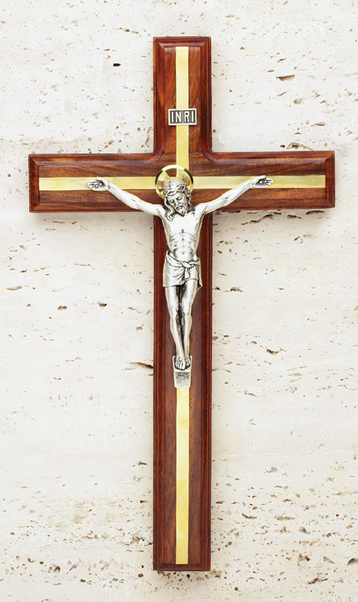 12" Walnut Crucifix with Brass Inlay