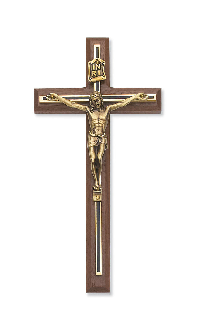 8" Walnut Crucifix with black and gold overlay