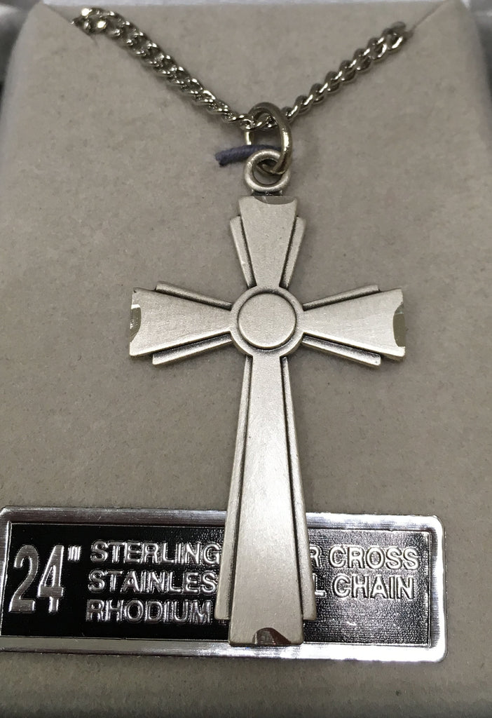 Sterling Silver Large Flared Cross necklace, 24" chain