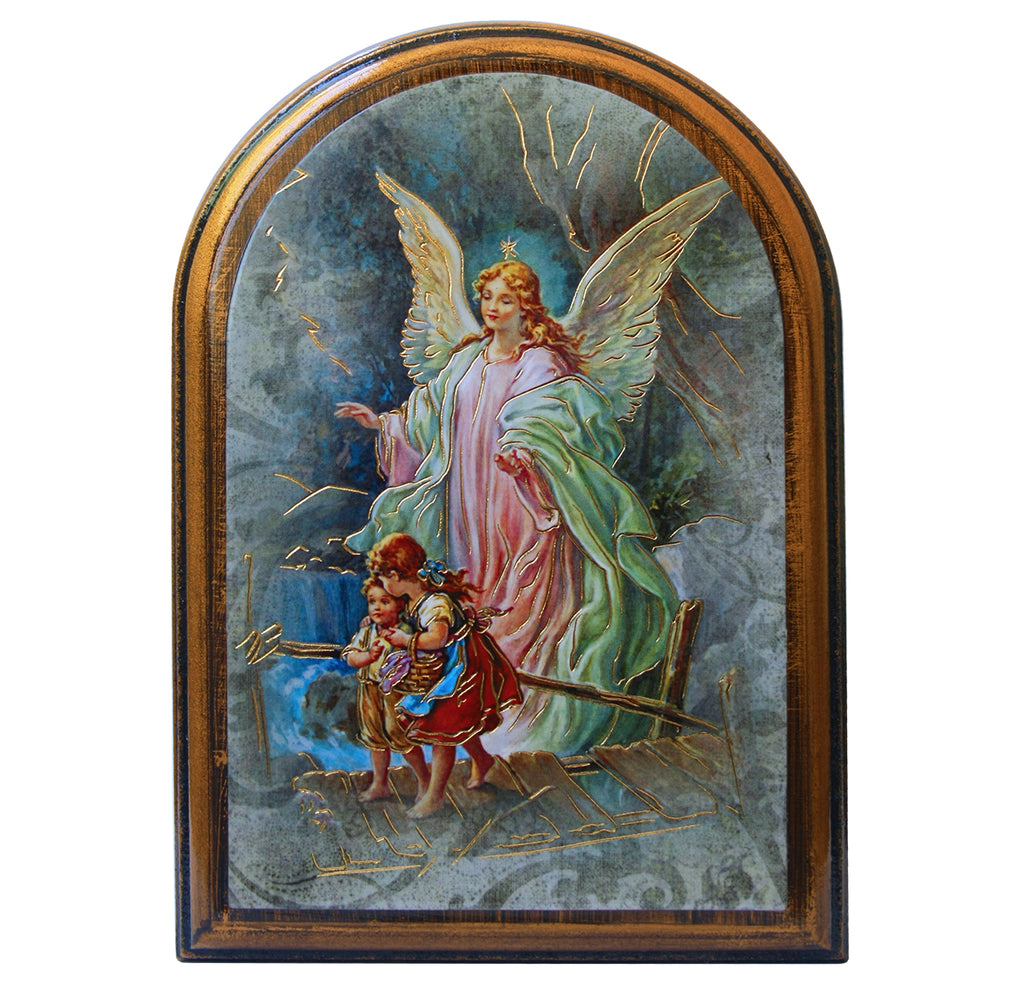 Guardian Angel arched wooden plaque