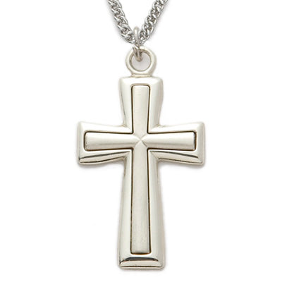 Sterling Silver Cross Necklace with Satin Inner Cross and Polished Edge Finish on 24" Chain