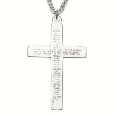 Back view of Sterling Silver Cross Necklace with Our Father Prayer on back of Cross, 24" Chain