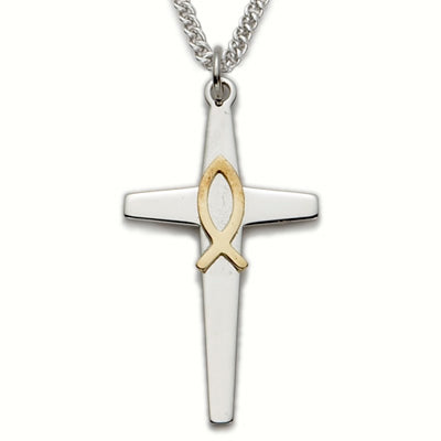 Sterling Silver Cross Necklace in a 2-Tone Design with a Polished Gold Fish on 24" Chain.